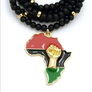 Pan African Flag Africa Map Fist Beaded Necklace